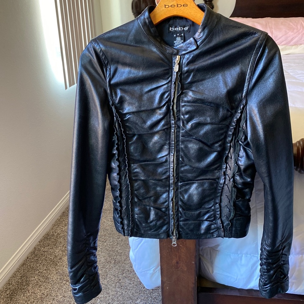 bebe Black Real Leather Ruched Zip Jacket